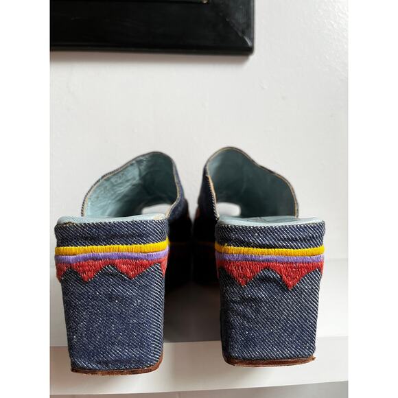 Vintage 60s Edouard Jerrold Denim Platform Mules | Embroidered Southwest | Sz 6 - Picture 5 of 10